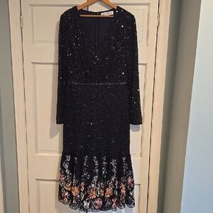 Mac Duggal Navy Long-Sleeve Sequin Evening Dress with Floral Hem